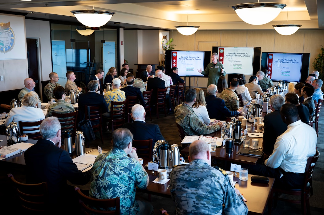 Adm. Samuel J. Paparo, commander of U.S. Indo-Pacific Command, speaks with members of the Council on Foreign Relations at USINDOPACOM headquarters on Camp H.M. Smith, Honolulu, April 30, 2025.