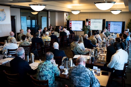 Adm. Samuel J. Paparo, commander of U.S. Indo-Pacific Command, speaks with members of the Council on Foreign Relations at USINDOPACOM headquarters on Camp H.M. Smith, Honolulu, April 30, 2025.