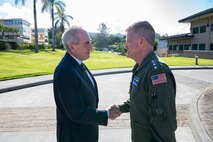 Adm. Samuel J. Paparo, commander of U.S. Indo-Pacific Command, greets Michael Froman, president of the Council on Foreign Relations, at USINDOPACOM headquarters on Camp H.M. Smith, Honolulu, April 30, 2025.