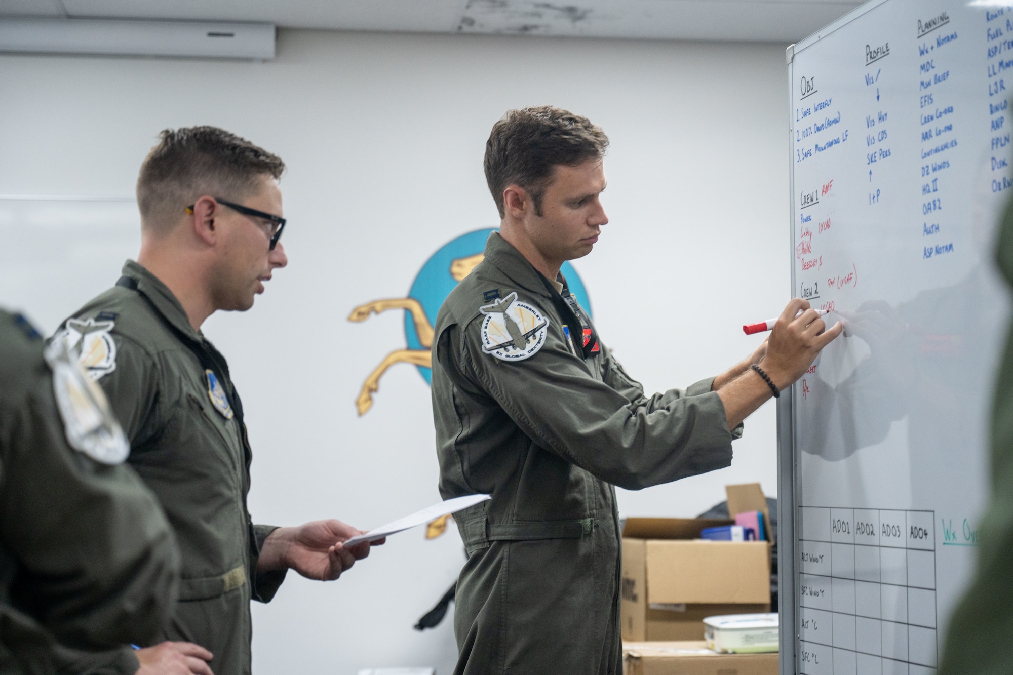U.S. Air Force C-17 pilots use a whiteboard to plan out future operations in Brisbane, Queensland, Australia.
