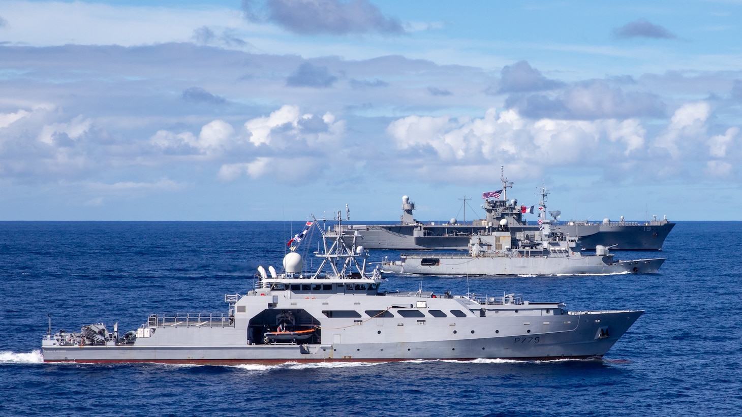 250501-N-PH222-1004
CORAL SEA (May 1, 2025) – The French offshore patrol vessel Auguste Bénébig (P779), front, the Floréal-class frigate Vendémiaire (F-734), center, and the U.S. 7th Fleet flagship USS Blue Ridge (LCC 19), back, conduct a maneuvering exercise during Croix du Sud in the Coral Sea, May 1, 2025. Blue Ridge and the 7th Fleet staff conduct regular Indo-Pacific patrols to deter aggression, strengthen alliances and partnerships, and advance future warfighting capabilities. (U.S. Navy photo by Mass Communication Specialist 1st Class Ryan M. Breeden)