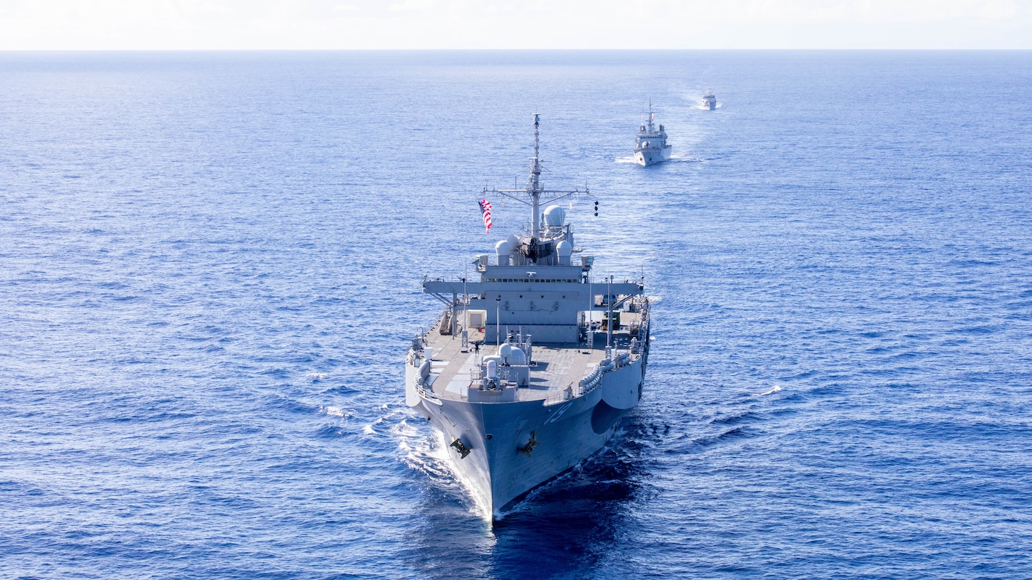 250501-N-PH222-1019
CORAL SEA (May 1, 2025) – The U.S. 7th Fleet flagship USS Blue Ridge (LCC 19) sails in formation with the French Floréal-class frigate Vendémiaire (F-734) and the offshore patrol vessel Auguste Bénébig (P779) during Exercise Croix du Sud in the Coral Sea, May 1, 2025. Blue Ridge and the 7th Fleet staff conduct regular Indo-Pacific patrols to deter aggression, strengthen alliances and partnerships, and advance future warfighting capabilities. (U.S. Navy photo by Mass Communication Specialist 1st Class Ryan M. Breeden)