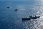 250501-N-RW305-1220
CORAL SEA (May 1, 2025) – U.S. 7th Fleet flagship USS Blue Ridge (LCC 19), right, sails alongside the French Floréal-class frigate Vendémiaire (F-734), center, and the offshore patrol vessel Auguste Bénébig (P779), left, during Exercise Croix du Sud in the Coral Sea, May 1, 2025. The Blue Ridge and embarked U.S. 7th Fleet staff conduct regular Indo-Pacific patrols to deter aggression, strengthen alliances and partnerships, and advance future warfighting capabilities. (U.S. Navy photo by Mass Communication Specialist 3rd Class Thomas Furnish)