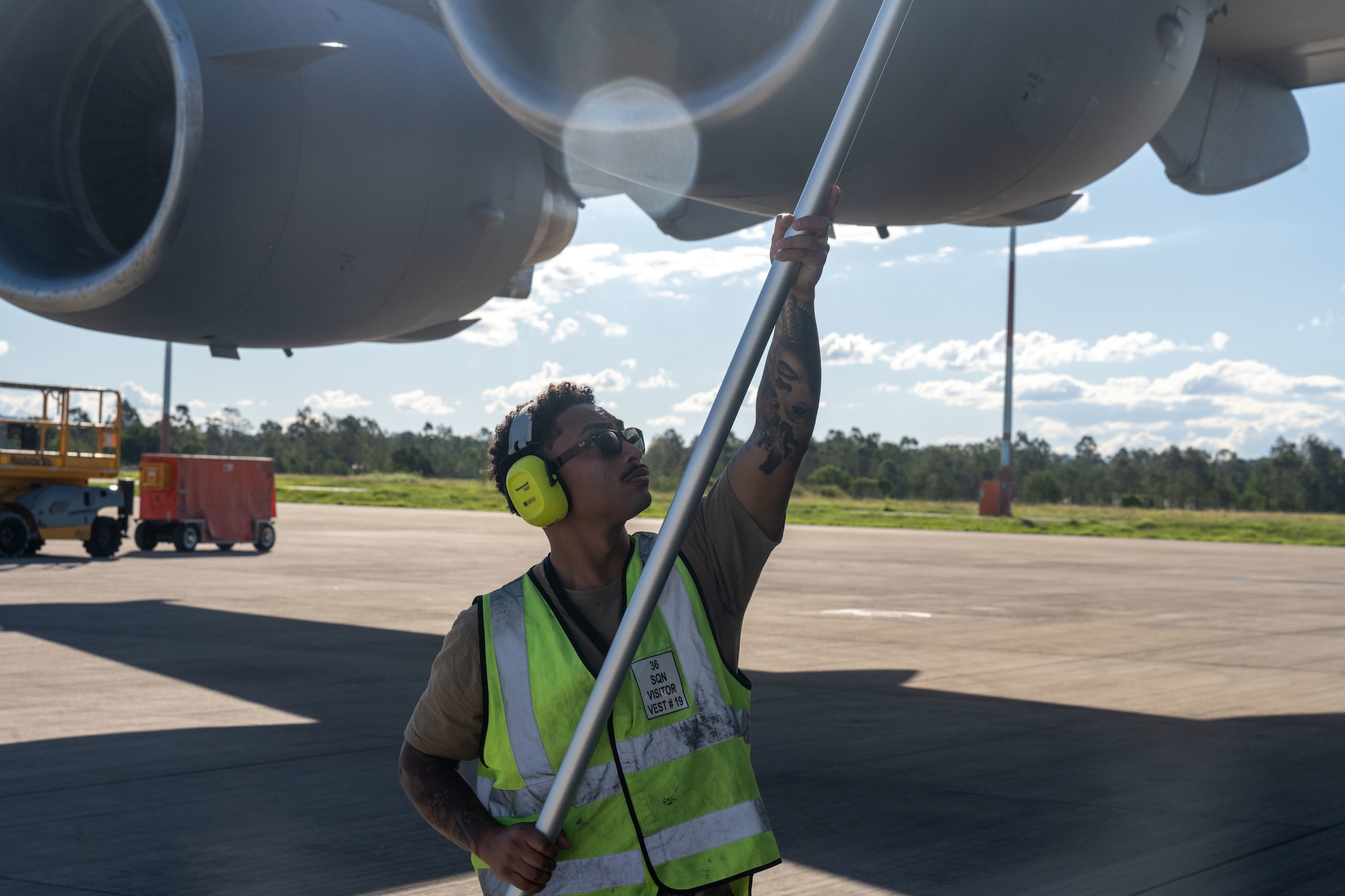 U.S. Air Force Airmen tends to a C-17 engine during Global Dexterity 25.