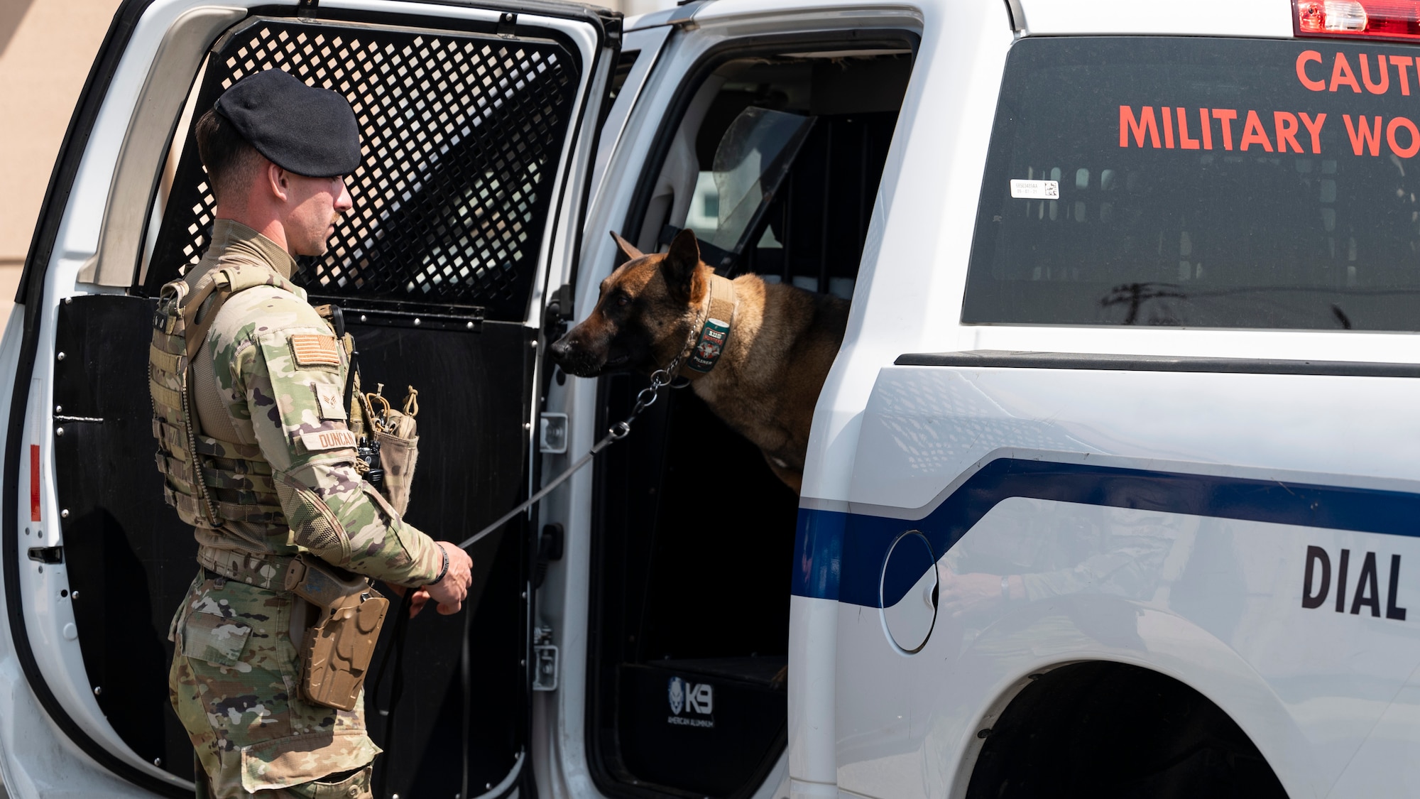 U.S. Air Force Senior Airman Brandon Duncan, 51st Security Forces Squadron military working dog handler, prepares Oosborne, 51st SFS military working dog, for training at Osan Air Base, Republic of Korea, April 30, 2025. Military working dogs are used for their precise patrol detection capabilities, which are honed through regular training with MWD handlers. MWD also assists security forces operations throughout the base with apprehending and deterring threats. (U.S. Air Force photo by Senior Airman Rome Bowermaster)