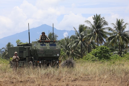 U.S. Army Soldiers assigned to the 5th Battalion, 3rd Artillery Regiment, 1st Multi-Domain Task Force, staged with a U.S. Army M142 High Mobility Artillery Rocket System for a training iteration in support of Exercise Balikatan 25, in Palawan, Philippines, April 28, 2025.