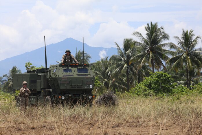 U.S. Army Soldiers assigned to the 5th Battalion, 3rd Artillery Regiment, 1st Multi-Domain Task Force, staged with a U.S. Army M142 High Mobility Artillery Rocket System for a training iteration in support of Exercise Balikatan 25, in Palawan, Philippines, April 28, 2025.