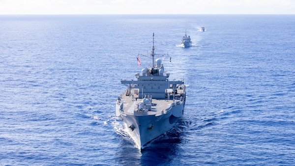 250501-N-PH222-1019
CORAL SEA (May 1, 2025) – The U.S. 7th Fleet flagship USS Blue Ridge (LCC 19) sails in formation with the French Floréal-class frigate Vendémiaire (F-734) and the offshore patrol vessel Auguste Bénébig (P779) during Exercise Croix du Sud in the Coral Sea, May 1, 2025. Blue Ridge and the 7th Fleet staff conduct regular Indo-Pacific patrols to deter aggression, strengthen alliances and partnerships, and advance future warfighting capabilities. (U.S. Navy photo by Mass Communication Specialist 1st Class Ryan M. Breeden)