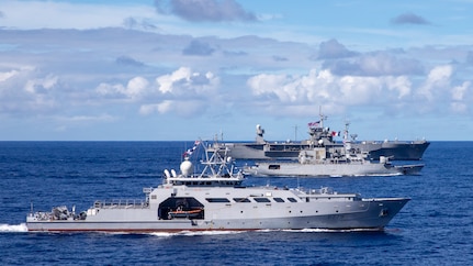 250501-N-PH222-1004
CORAL SEA (May 1, 2025) – The French offshore patrol vessel Auguste Bénébig (P779), front, the Floréal-class frigate Vendémiaire (F-734), center, and the U.S. 7th Fleet flagship USS Blue Ridge (LCC 19), back, conduct a maneuvering exercise during Croix du Sud in the Coral Sea, May 1, 2025. Blue Ridge and the 7th Fleet staff conduct regular Indo-Pacific patrols to deter aggression, strengthen alliances and partnerships, and advance future warfighting capabilities. (U.S. Navy photo by Mass Communication Specialist 1st Class Ryan M. Breeden)