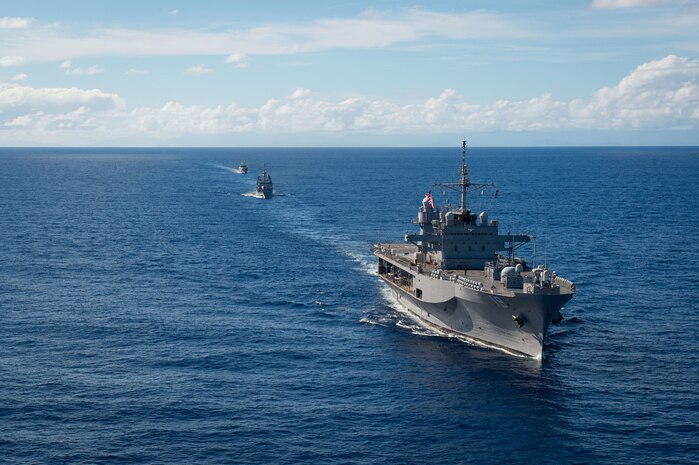 250501-N-RW305-1819
CORAL SEA (May 1, 2025) – The U.S. 7th Fleet flagship USS Blue Ridge (LCC 19) sails in formation with the French Floréal-class frigate Vendémiaire (F-734) and the offshore patrol vessel Auguste Bénébig (P779) during Exercise Croix du Sud in the Coral Sea, May 1, 2025. The Blue Ridge and embarked U.S. 7th Fleet staff conduct regular Indo-Pacific patrols to deter aggression, strengthen alliances and partnerships, and advance future warfighting capabilities. (U.S. Navy photo by Mass Communication Specialist 3rd Class Thomas Furnish)