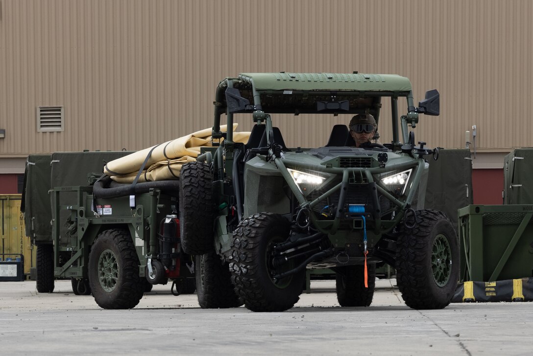 U.S. Marine Corps Lance Cpl. Jesus Leyva, a bulk fuel specialist with Marine Wing Support Squadron 372, Marine Air Control Group 38, 3rd Marine Aircraft Wing, drives a U.S. Marine Corps Ultra Light Tactical Vehicle assigned to MWSS-372, during Tactical Air-Ground Refueling System New Equipment Training at Marine Corps Air Station Miramar, California, April 23, 2025.