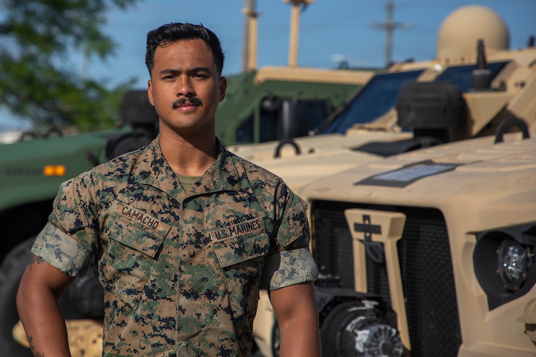 U.S. Marine Sgt. Lucas Camacho, a ground electronics transmissions systems maintainer and Valley Stream, New York native with the 24th Marine Expeditionary Unit (MEU), poses for a portrait on Camp Lejeune, North Carolina, April 8, 2025. Camacho won the Pfc. Littleton award for his actions with the 24th MEU in 2024. This award is one of the highest honors a Marine Corps communications marine can receive. Named after Pfc. Littleton, who was posthumously awarded the Medal of Honor for his heroism during the Korean War for smothering a grenade with his body, the award recognizes communications Marines who demonstrate exceptional leadership, innovation, and dedication. (U.S. Marine Corps photo by Cpl. Victoria Hutt)