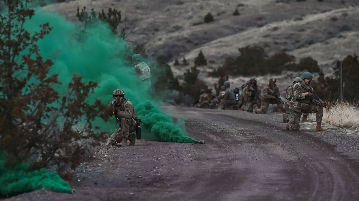 Airmen in defensive positions along a road
