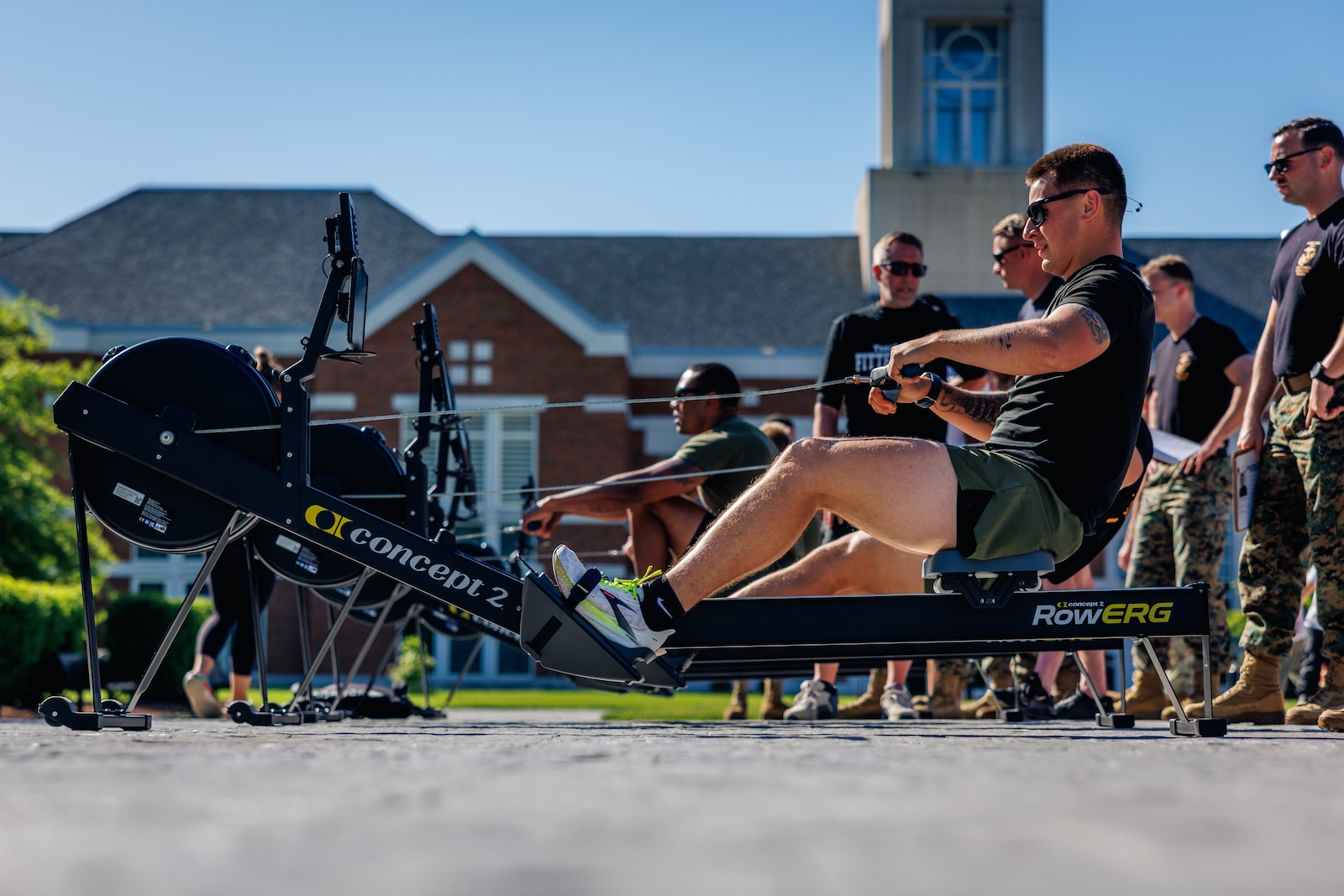 U.S. Marines conduct the “Row Well, and Live” event during the Fittest Instructor Competition at Marine Corps University on Marine Corps Base Quantico, Virginia, April 28, 2025. The Fittest Instructor Competition brought together instructors from across the Marine Corps to go head-to-head in a series of demanding physical challenges-all to determine who truly earns the title of the fittest instructor. (U.S. Marine Corps photo by Lance Cpl. Braydon Rogers)