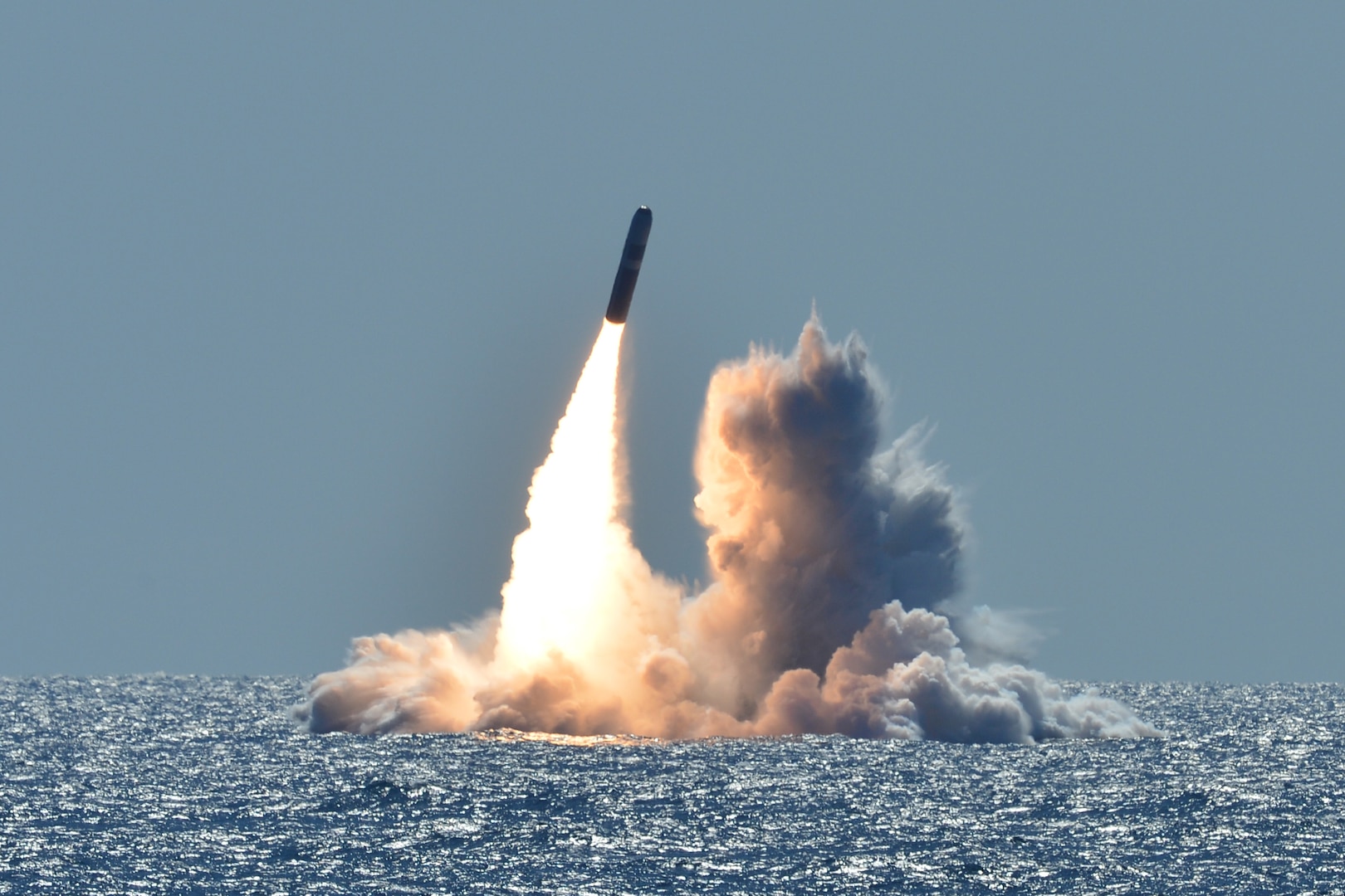 PACIFIC OCEAN (March 26, 2008) An unarmed Trident II D5 missile launches from the Ohio-class ballistic missile submarine USS Nebraska (SSBN 739) off the coast of California. The test launch was part of the U.S. Navy Strategic Systems Program’s demonstration and shakedown operation certification process. The successful launch certified the readiness of an SSBN crew and the operational performance of the submarine’s strategic weapons system before returning to operational availability. (U.S. Navy photo by Mass Communication Specialist 1st Class Ronald Gutridge/Released)