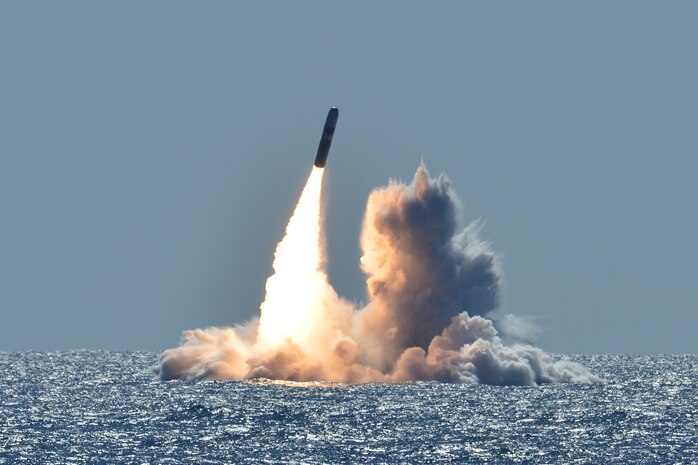 PACIFIC OCEAN (March 26, 2008) An unarmed Trident II D5 missile launches from the Ohio-class ballistic missile submarine USS Nebraska (SSBN 739) off the coast of California. The test launch was part of the U.S. Navy Strategic Systems Program’s demonstration and shakedown operation certification process. The successful launch certified the readiness of an SSBN crew and the operational performance of the submarine’s strategic weapons system before returning to operational availability. (U.S. Navy photo by Mass Communication Specialist 1st Class Ronald Gutridge/Released)