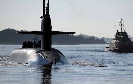 The Ohio-class ballistic-missile submarine USS Maryland (SSBN 738) gold crew returns to its homeport at Naval Submarine Base Kings Bay, Ga., following a strategic deterrence patrol. The boat is one of five ballistic-missile submarines stationed at the base and is capable of carrying up to 20 submarine-launched ballistic missiles with multiple warheads. (U.S. Navy photo by Mass Communication Specialist 2nd Class Bryan Tomforde)
