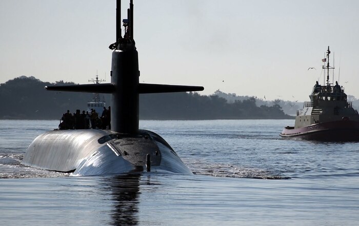 The Ohio-class ballistic-missile submarine USS Maryland (SSBN 738) gold crew returns to its homeport at Naval Submarine Base Kings Bay, Ga., following a strategic deterrence patrol. The boat is one of five ballistic-missile submarines stationed at the base and is capable of carrying up to 20 submarine-launched ballistic missiles with multiple warheads. (U.S. Navy photo by Mass Communication Specialist 2nd Class Bryan Tomforde)