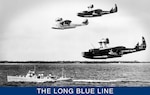 Arcturus flying in formation with other USCG flying boats above a 165-foot cutter. (Coast Guard Collection)