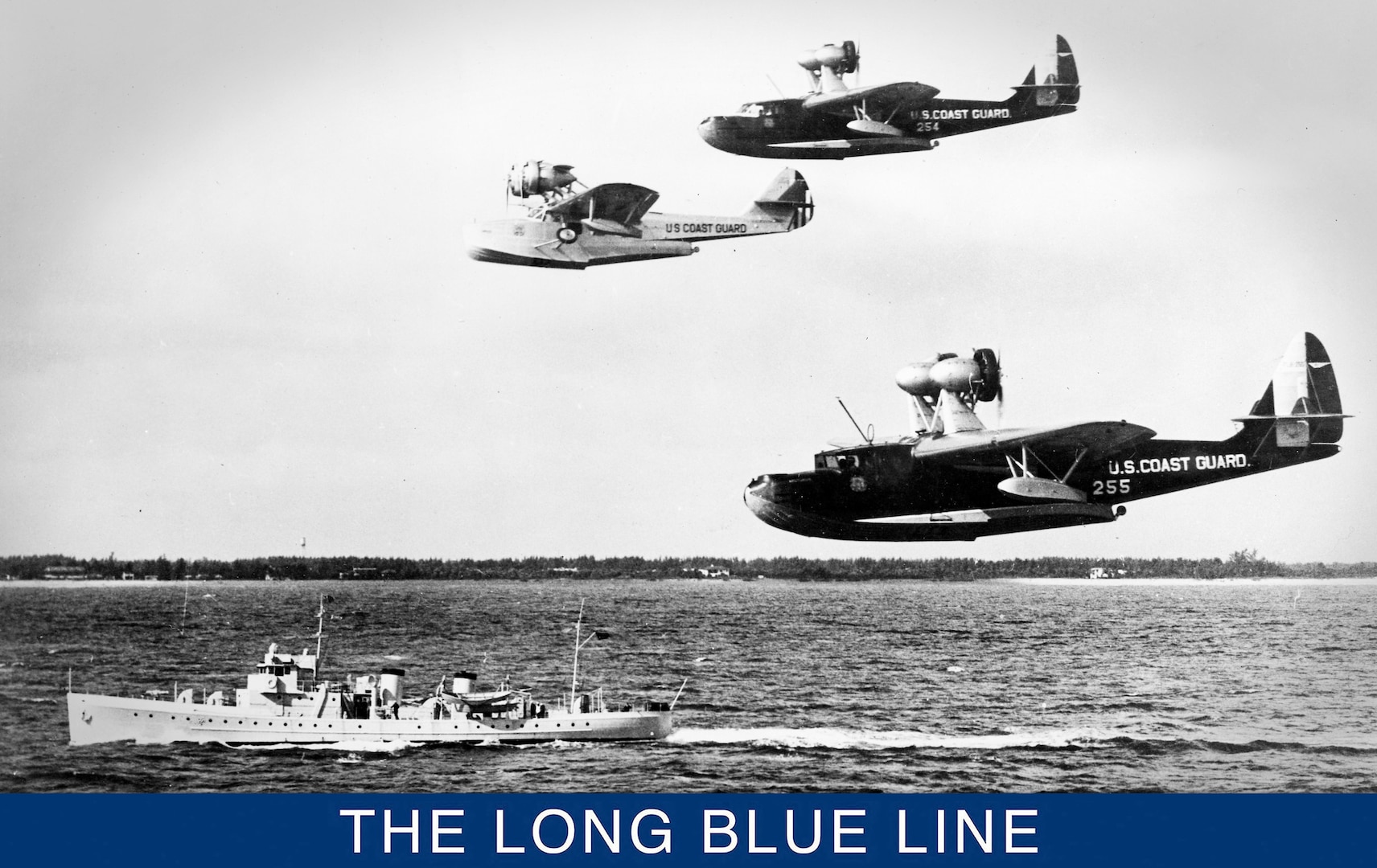 Arcturus flying in formation with other USCG flying boats above a 165-foot cutter. (Coast Guard Collection)