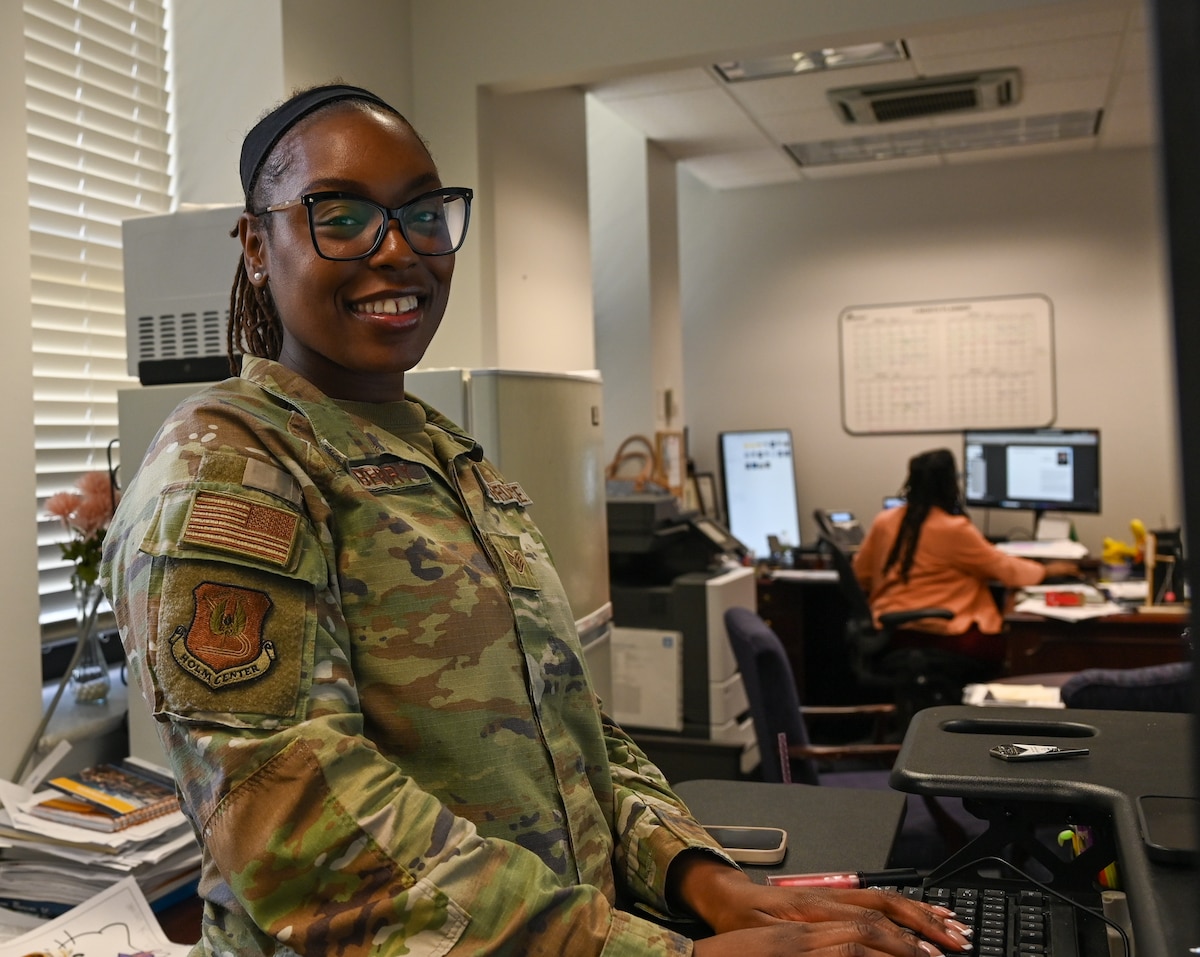 U.S. Air Force Staff Sgt. Jamilla Newberry, Holm Center protocol noncommissioned officer in charge, poses for a photo at Maxwell Air Force Base, Alabama, April 29, 2025.