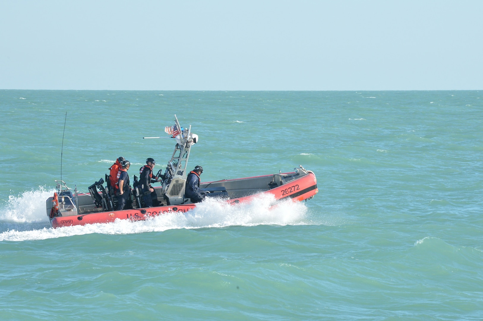 A Coast Guard Cutter Alert (WMEC 630) Over-the-Horizon Cutter Boat crew conducts small boat operations off the coast of Pensacola Florida, March 11, 2025. Alert’s crew conducted a 55-day maritime border security patrol in the Gulf of America. (U.S. Coast Guard photo by Ensign David Tran)