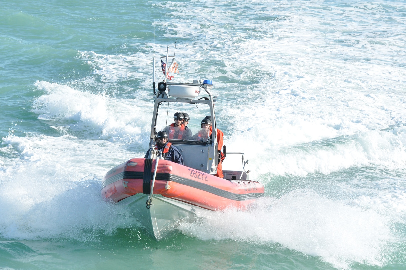A Coast Guard Cutter Alert (WMEC 630) Over-the-Horizon Cutter Boat crew returns to the cutter after conducting small boat operations off the coast of Pensacola Florida, March 11, 2025. Alert’s crew conducted a 55-day maritime border security patrol in the Gulf of America. (U.S. Coast Guard photo by Ensign David Tran)