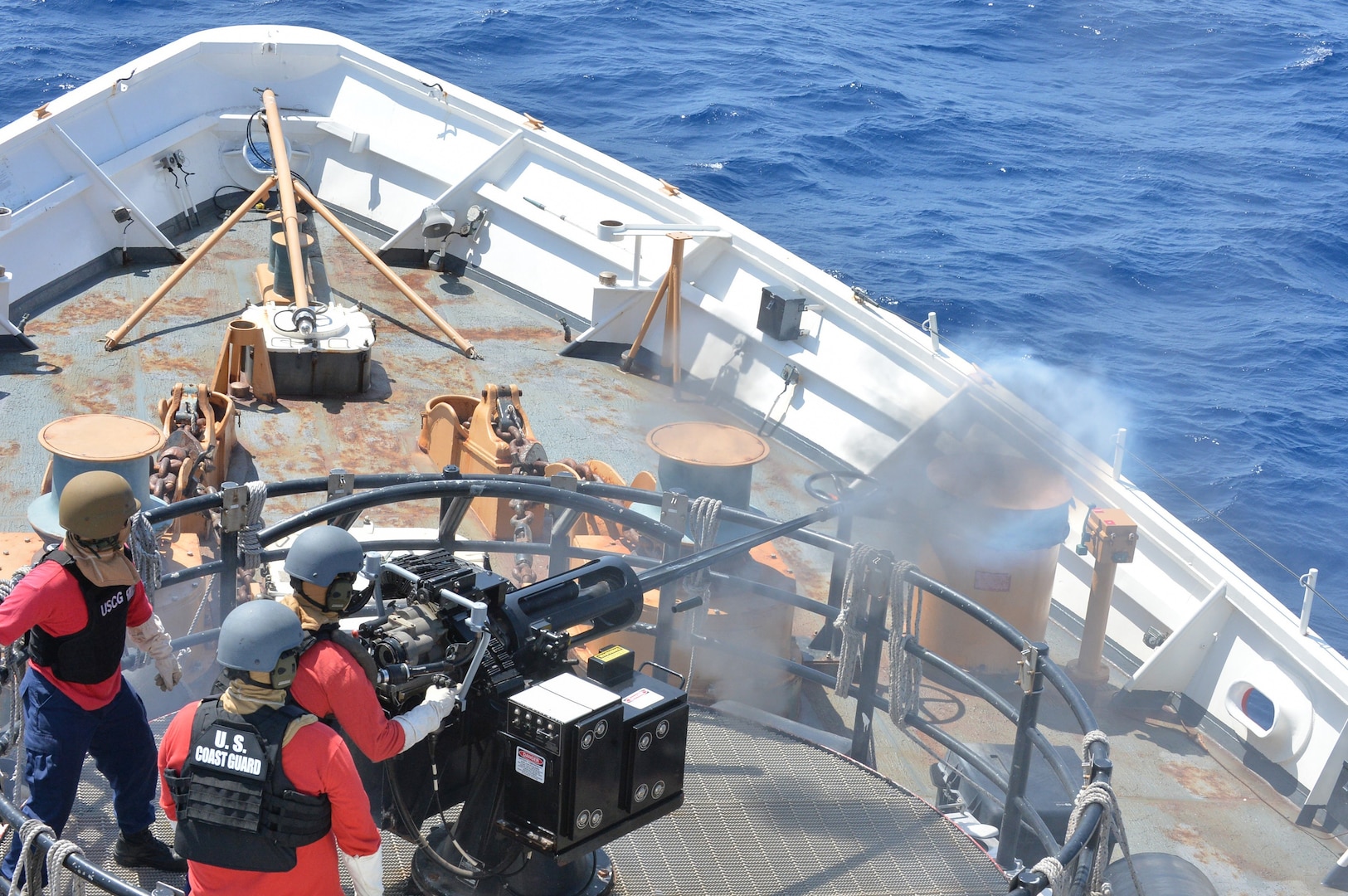 A Coast Guard Cutter Alert (WMEC 630) crew members conduct a gunnery exercise at sea in the Gulf of America, March 14, 2025. Alert’s crew conducted a 55-day maritime border security patrol in the Gulf of America. (U.S. Coast Guard photo by Ensign David Tran)