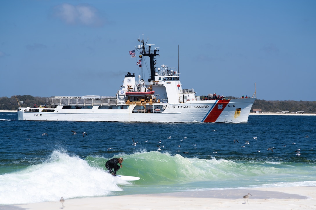 Coast Guard Cutter Alert (WMEC 630) approaches Naval Air Station Pensacola in Florida, March 28, 2025. Alert’s crew conducted a 55-day maritime border security patrol to counter illegal fishing in the Gulf of America. (Copyright-free photo courtesy of Shane Dye)