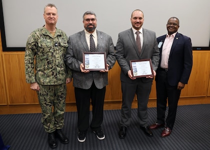 Naval Surface Warfare Center, Philadelphia Division (NSWCPD) honored two of its engineers on March 11, 2025 for their receipt of a second patent (U.S. Patent No. 12,209,785) from the U.S. Patent and Trademark Office for their Pneumatically Actuated Cryocooler, stemming from the division’s original application.