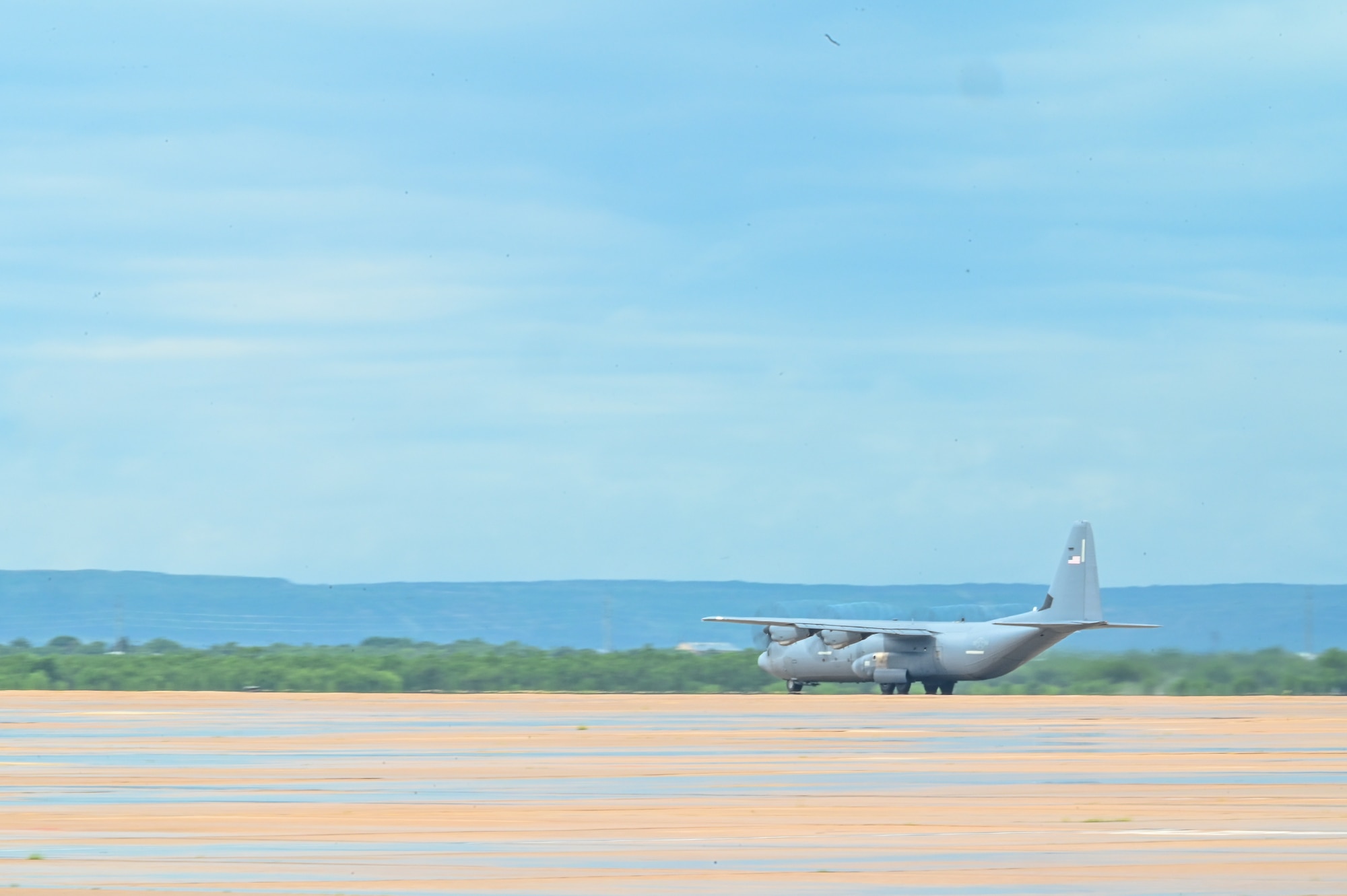 A U.S. Air Force C-130J Super Hercules assigned to the 39th Airlift Squadron, takes off from Dyess Air Force Base, Texas to deliver food supplies to El Salvador in support of the Denton Program April 30, 2025. The Denton Program was created by Alabama Senator and former Vietnam Prisoner of War Jeremiah Denton in an amendment to the Foreign Assistance Act of 1961. The amendment provides the authority for the Department of Defense to use extra space on U.S. military cargo aircraft to transport humanitarian assistance materials donated by non-governmental organizations, international organizations, and private voluntary organizations for humanitarian relief. (U.S. Air Force photo by Airman 1st Class Adrien Tran)