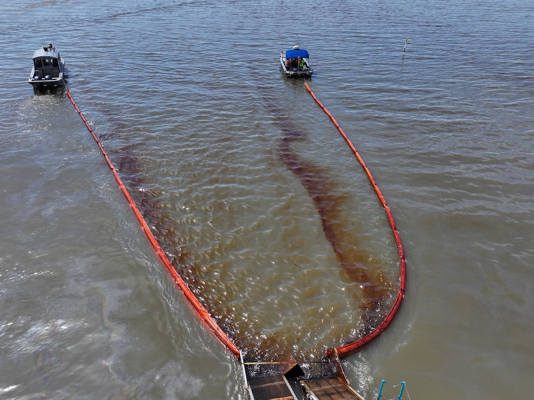 An overflight displays the affected area of marsh environment near Garden Island Bay, Louisiana on May 2, 2025. A safety zone has been enacted in the area and boom has been placed to contain the released product. (U.S. Coast Guard courtesy photo)