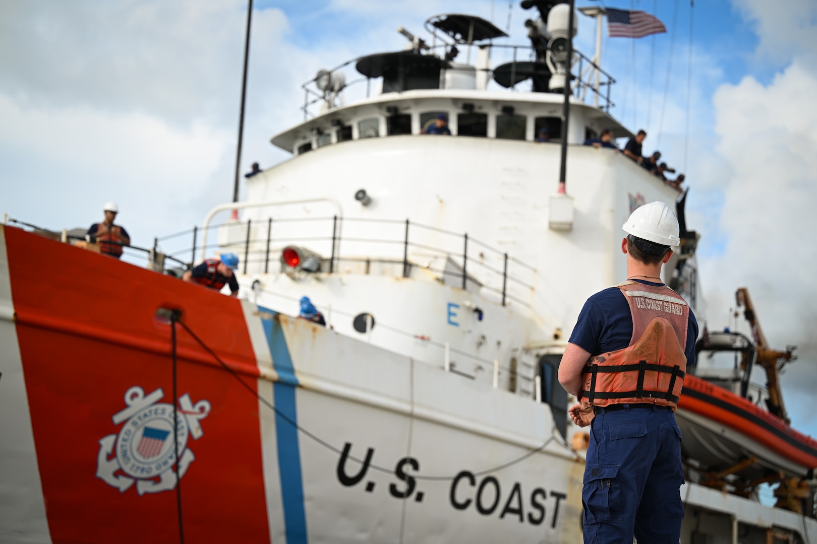 Coast Guard Cutter Venturous (WMEC-625) arrives to offload illegal narcotics at Base Miami Beach, Florida, May 2, 2025. The seized contraband was the result of four interdictions in the Caribbean Sea by the crews of USCGC Diligence (WMEC-616) and HNLMS Groningen (P843) with an embarked Coast Guard law enforcement detachment. (U.S. Coast Guard photo by Petty Officer 3rd Class Jessica Walker)