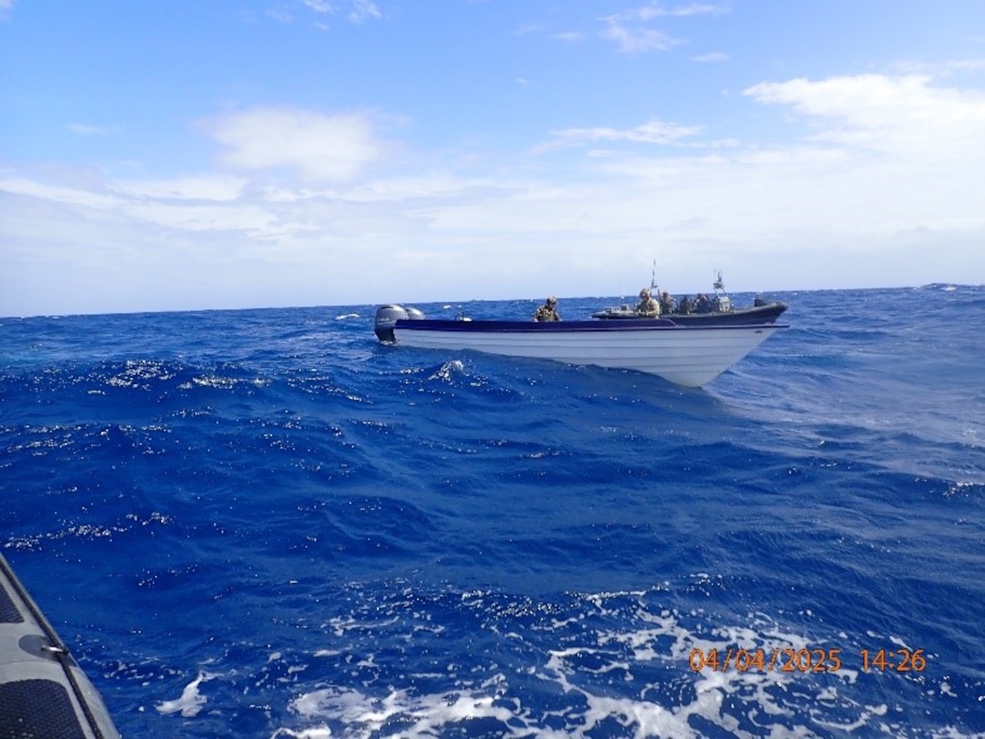 Coast Guard and HNLMS Groningen crew members interdict a suspected drug smuggling vessel offshore of Puerto Cabello, Venezuela, April 4, 2025. USCGC Venturous’ (WMEC 625) crew offloaded more than 1,294 pounds of cocaine and 4,012 pounds of marijuana valued at approximately $14.1 million intercepted in the Caribbean Sea. (U.S. Coast Guard photo)