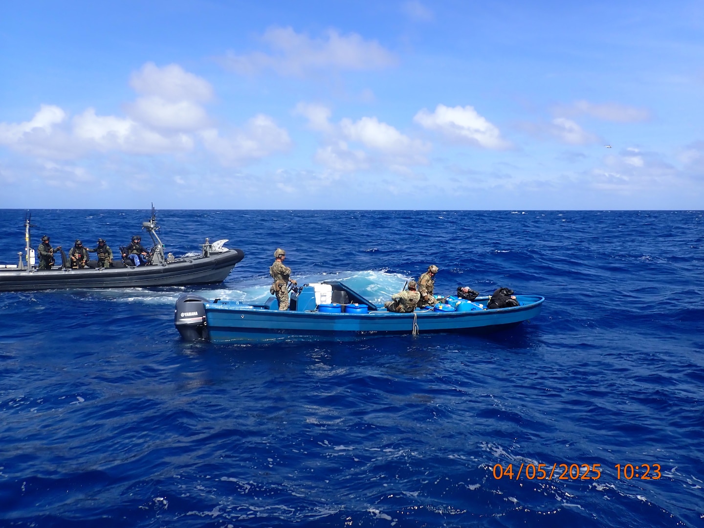 Coast Guard and HNLMS Groningen crew members interdict a suspected drug smuggling vessel offshore of Puerto Cabello, Venezuela, April 5, 2025. USCGC Venturous’ (WMEC 625) crew offloaded more than 1,294 pounds of cocaine and 4,012 pounds of marijuana valued at approximately $14.1 million intercepted in the Caribbean Sea. (U.S. Coast Guard photo)