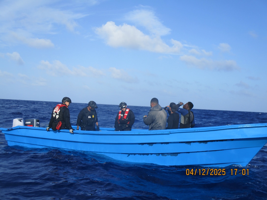 The crew members from Coast Guard Cutter Diligence interdict a suspected drug smuggling vessel offshore of Puerto Oviedo, Dominican Republic, April 12, 2025. USCGC Venturous’ (WMEC 625) crew offloaded more than 1,294 pounds of cocaine and 4,012 pounds of marijuana valued at approximately $14.1 million intercepted in the Caribbean Sea. (U.S. Coast Guard photo)