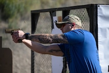 Master Sgt. Zachary McLaughlin, 75th Security Forces Squadron, competes in the 2025 Law Enforcement Handgun Competition April 15, 2025 at the Big Salty Range, Salt Lake City, Utah.The competition fostered collaboration among agencies and provided an opportunity for participants to test their skills against counterparts from across the country. (U.S. Air Force photo by R. Nial Bradshaw)
