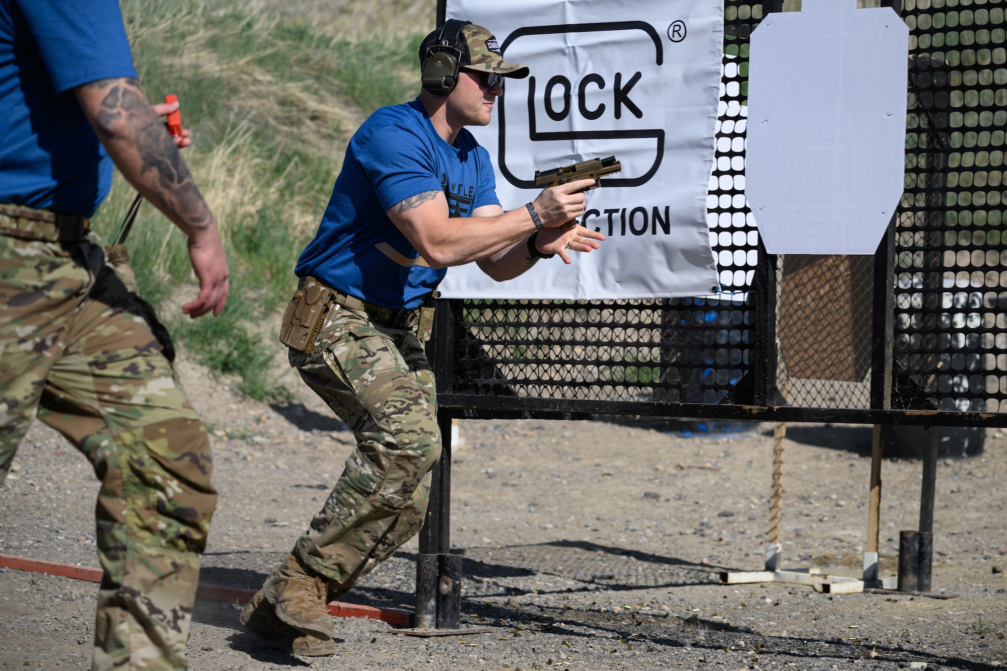 Tech. Sgt. Timothy Bukovich, 75th Security Forces Squadron, competes in the 2025 Law Enforcement Handgun Competition April 15, 2025 at the Big Salty Range, Salt Lake City, Utah. The competition fostered collaboration among agencies and provided an opportunity for participants to test their skills against counterparts from across the country. (U.S. Air Force photo by R. Nial Bradshaw)