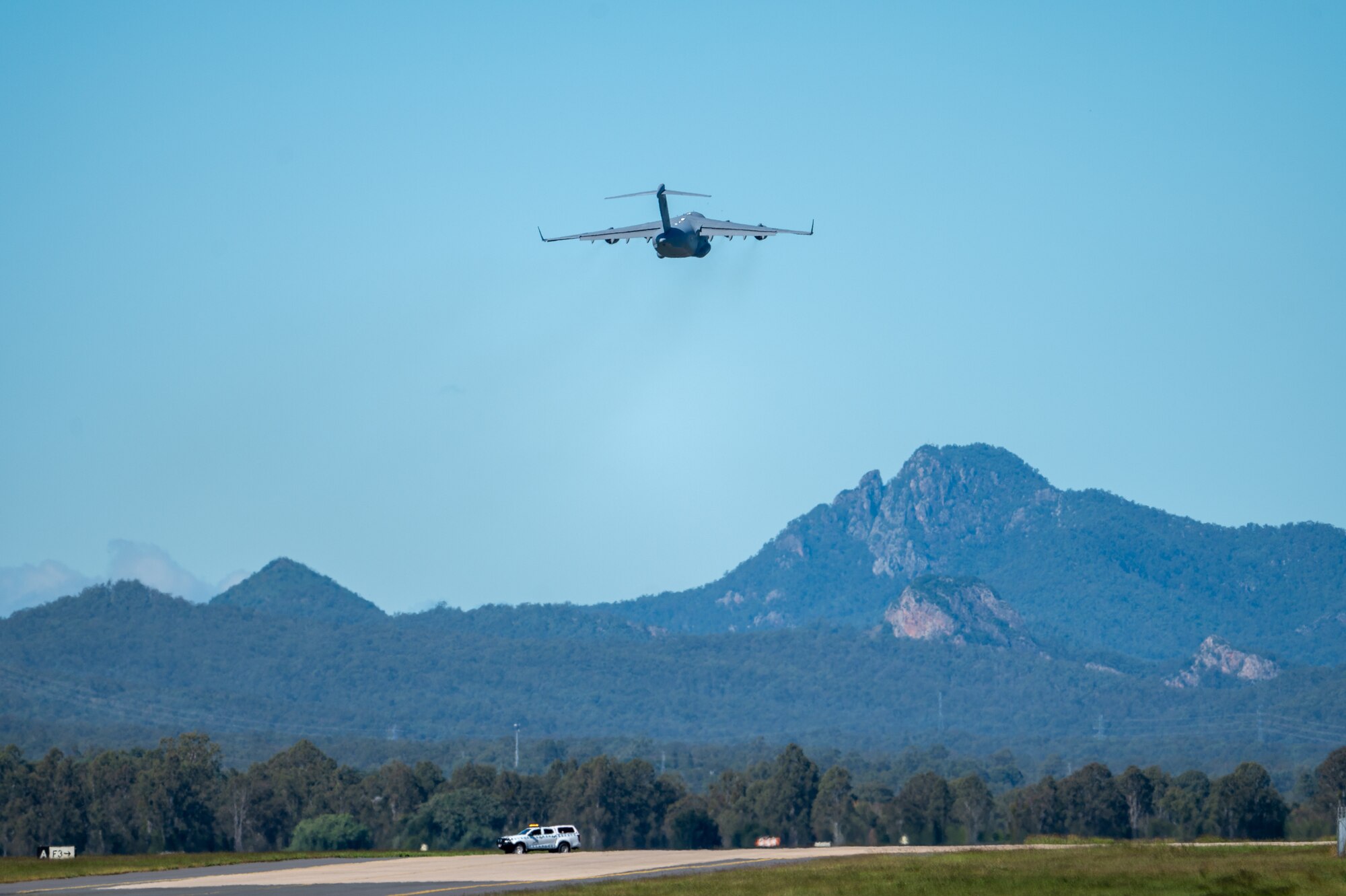 A C-17 Globemaster III takes off during Global Dexterity on Royal Australian Air Force Base Amberley.