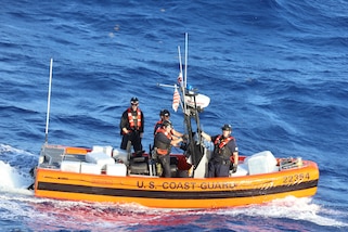 The crew members from Coast Guard Cutter Diligence recover jettisoned packages from a suspected drug smuggling vessel offshore of Puerto Oviedo, Dominican Republic, April 12, 2025. USCGC Venturous’ (WMEC 625) crew offloaded more than 1,294 pounds of cocaine and 4,012 pounds of marijuana valued at approximately $14.1 million intercepted in the Caribbean Sea. (U.S. Coast Guard photo)