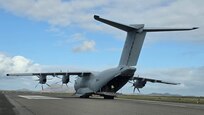 The Royal Air Force Airbus A400M Atlas lands at the Benbeluca Airport in the Hebrides, U.K., in preparation for exercise At-Sea Demonstration / Formidable Shield 2025, May 1, 2025.