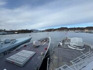 The Royal Danish Navy Iver Huitfeldt-class frigate HDMS Iver Huitfeldt (F361), left, Spanish Álvaro de Bazán-class frigate Cristóbal Colón (F105), middle, and, Royal Netherlands Navy De Seven Provinciën-class frigate HNLMS De Ruyter (F804), right, are moored pierside in the port of Bodø in Bodø, Norway in preparation for exercise At-Sea Demonstration (ASD) / Formidable Shield (FS) 2025, May 1, 2025.