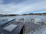 The Royal Danish Navy Iver Huitfeldt-class frigate HDMS Iver Huitfeldt (F361), left, Spanish Álvaro de Bazán-class frigate Cristóbal Colón (F105), middle, and, Royal Netherlands Navy De Seven Provinciën-class frigate HNLMS De Ruyter (F804), right, are moored pierside in the port of Bodø in Bodø, Norway in preparation for exercise At-Sea Demonstration (ASD) / Formidable Shield (FS) 2025, May 1, 2025.