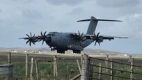 The Royal Air Force Airbus A400M Atlas prepares for landing at the Benbeluca Airport in the Hebrides, U.K., in preparation for exercise At-Sea Demonstration (ASD) / Formidable Shield (FS) 2025, May 1, 2025.