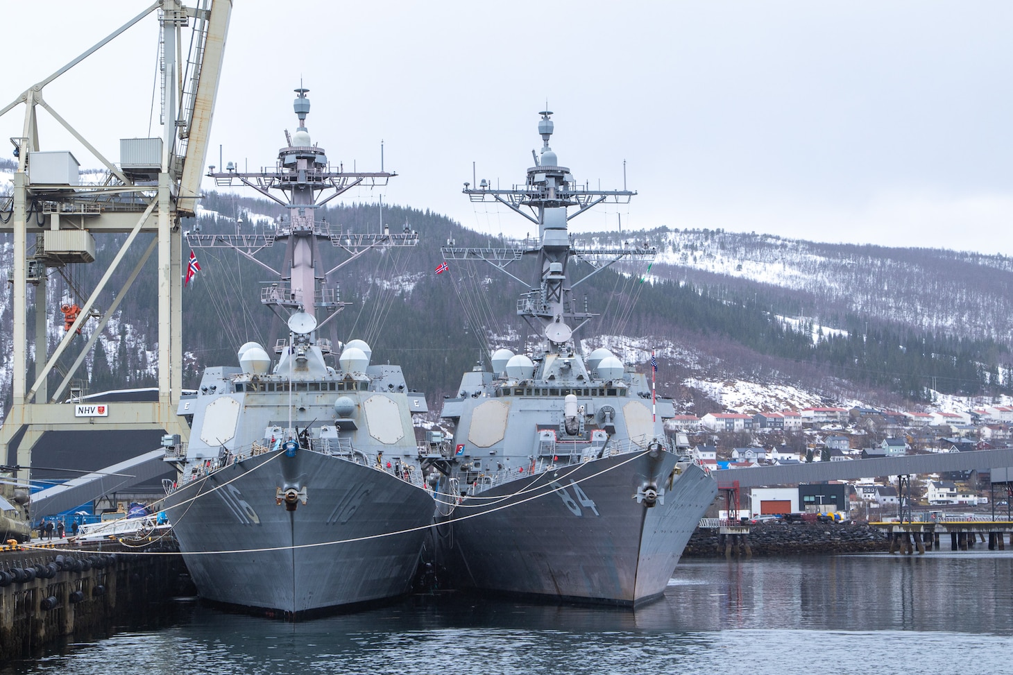 The Arleigh Burke-class guided-missile destroyers USS Thomas Hudner (DDG 116), left, and USS Bulkeley (DDG 84), right, port in Narvik, Norway in preparation for exercise At-Sea Demonstration (ASD) / Formidable Shield (FS) 2025, May 2, 2025.