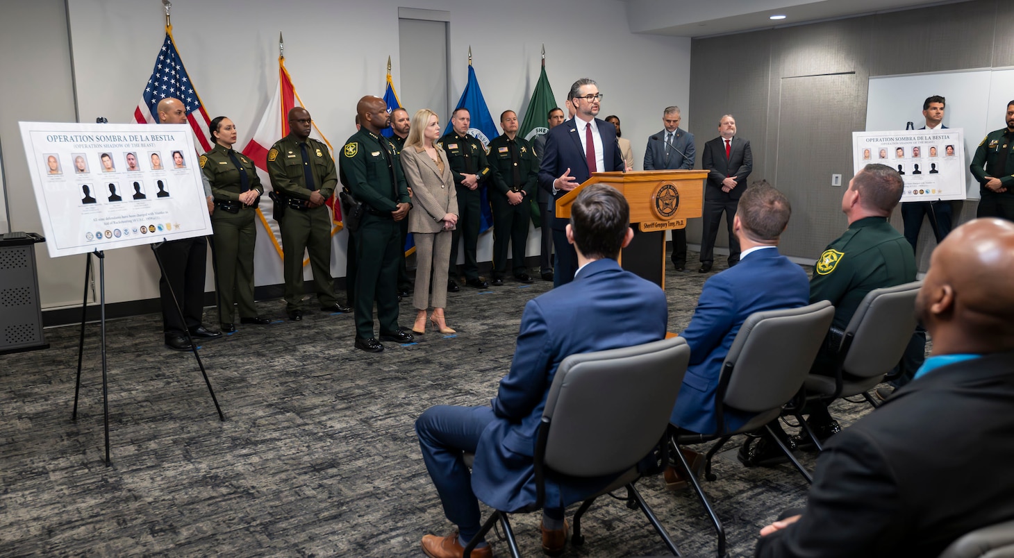 Press conference with local and federal law enforcement officials announcing that multiple people were arrested on federal charges in connection with murders in South Florida