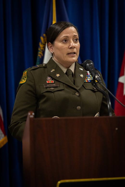 U.S. Army Command Chief Warrant Officer 5 Jennifer Ritchie, incoming command chief warrant officer, speaks at the command chief warrant officer change of responsibility at the State Capitol Rotunda in Frankfort, Ky. on April 29, 2025. Ritchie was appointed as the Kentucky Army National Guard command chief warrant officer during the ceremony, held previously by Chief Warrant Officer 5 Rickey Skelton. (U.S. Army photo by Andy Dickson)