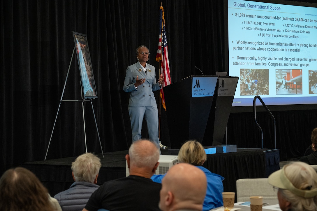 Fern Sumpter Winbush, principal deputy director for the Defense POW/MIA Accounting Agency, gives an opening brief to families of missing service members at the DPAA Family Member Update, Bellevue, Washington, May 3, 2025.