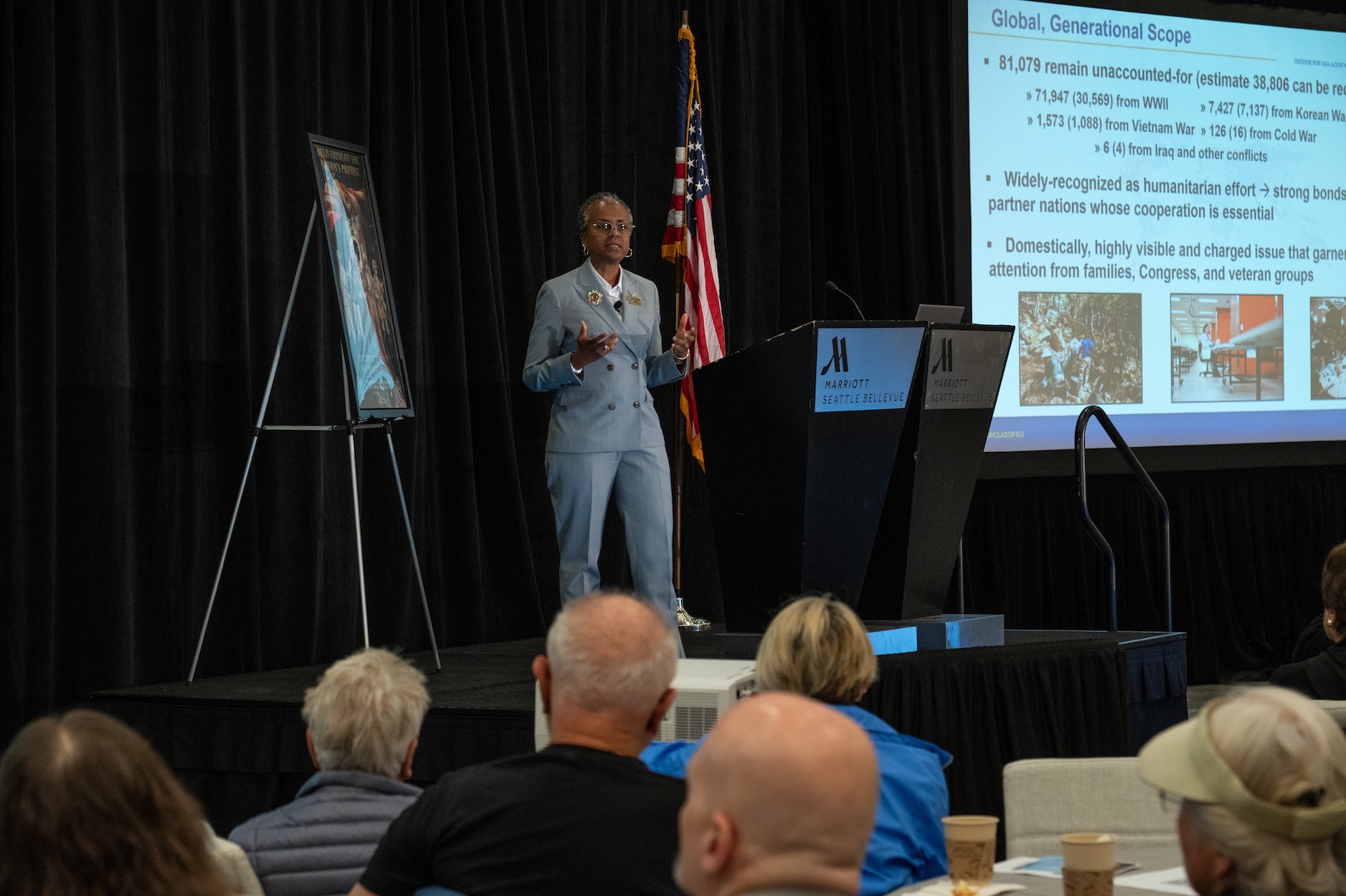 Fern Sumpter Winbush, principal deputy director for the Defense POW/MIA Accounting Agency, gives an opening brief to families of missing service members at the DPAA Family Member Update, Bellevue, Washington, May 3, 2025.