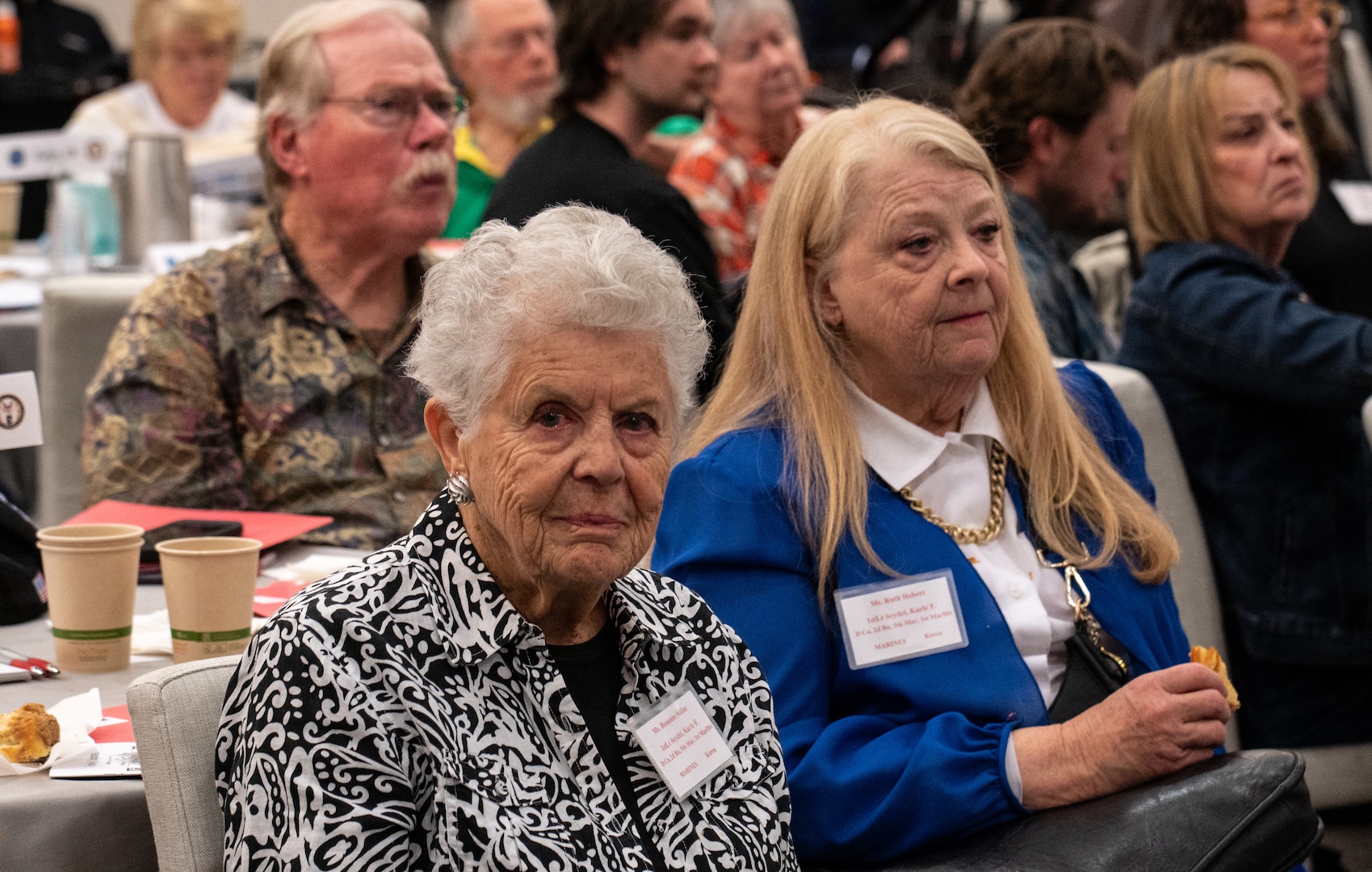 Rosanne Sallee, shares the memory of her first husband, U.S. Marine Corps 1st Lt. Karle Seydel, who was killed in action on Dec. 7, 1950, during the Defense POW/MIA Accounting Agency Family Member Update, Bellevue, Washington, May 3, 2025.